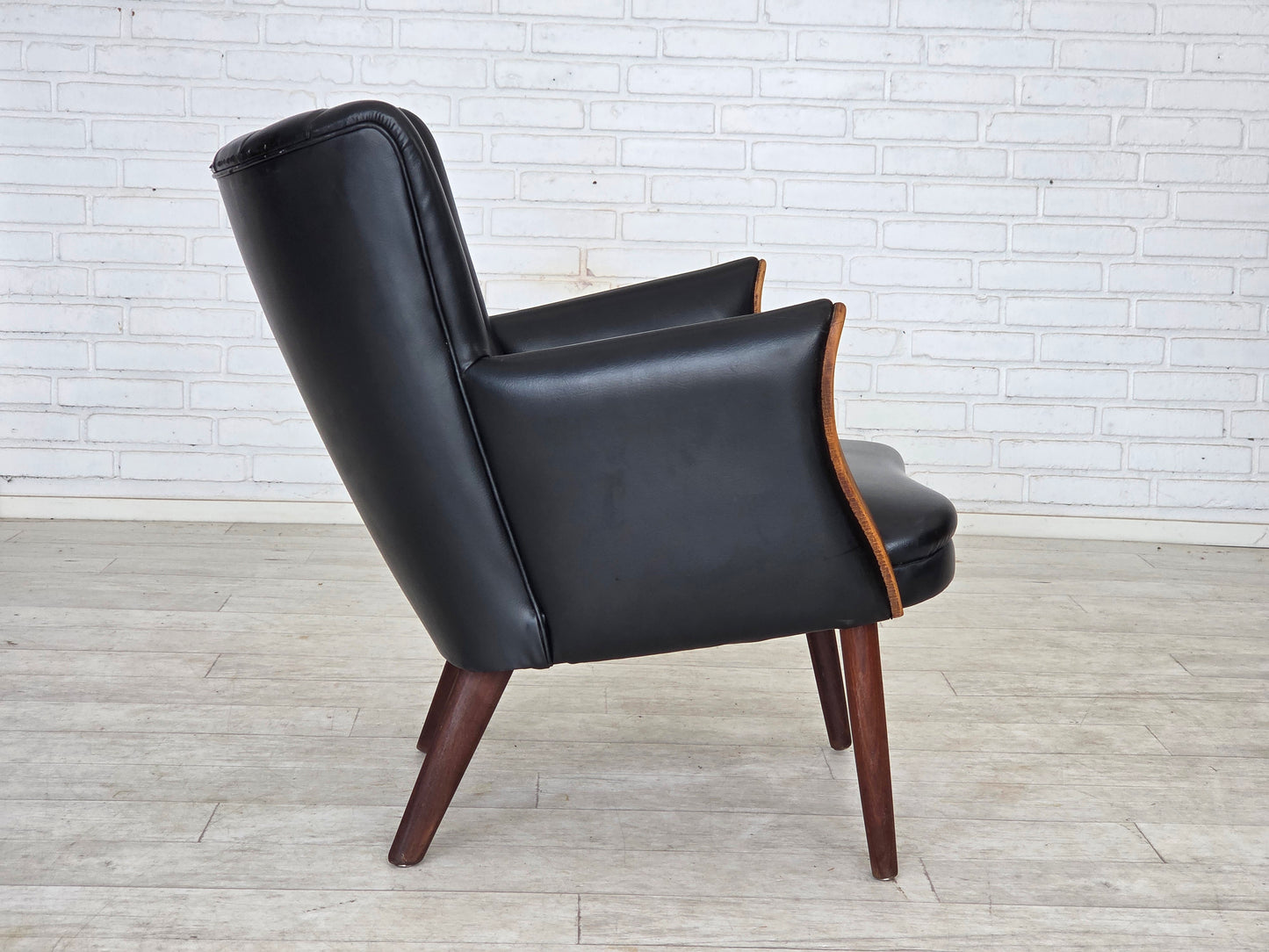 1970s, Danish design by Svend Skipper, armchair, model "Teddy", artificial leather, teak wood.
