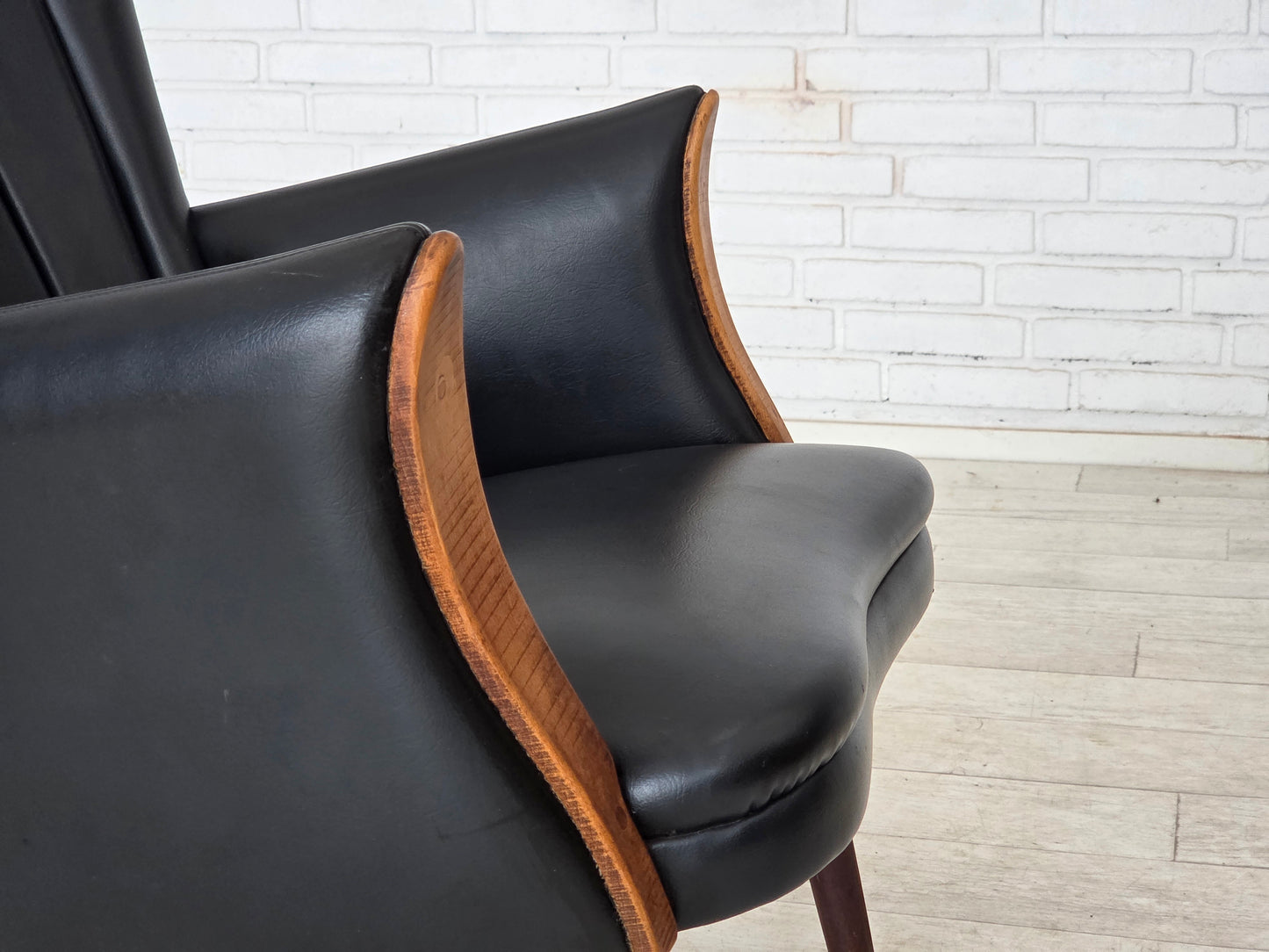1970s, Danish design by Svend Skipper, armchair, model "Teddy", artificial leather, teak wood.
