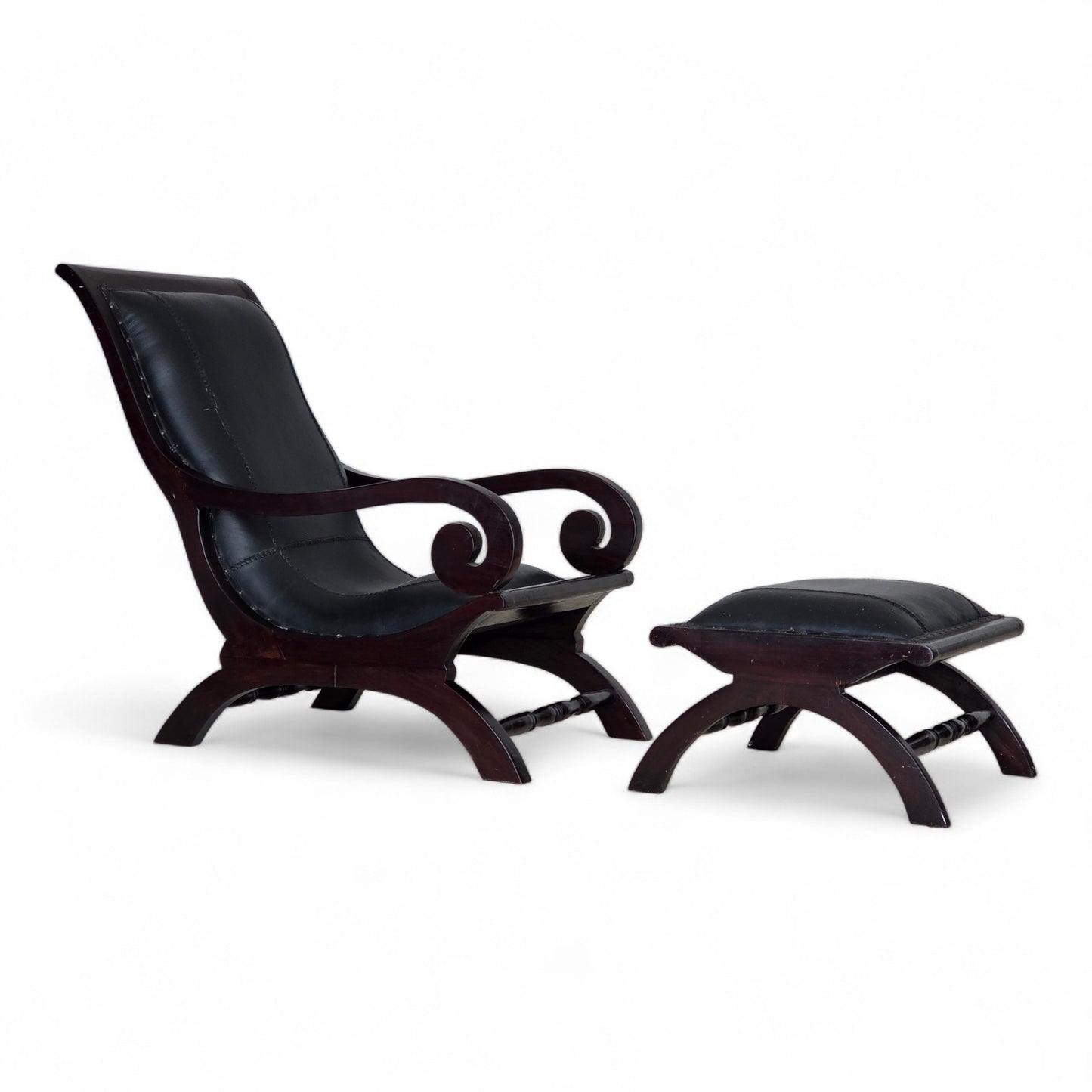 1970s, vintage armchair with footstool, black furniture leather.