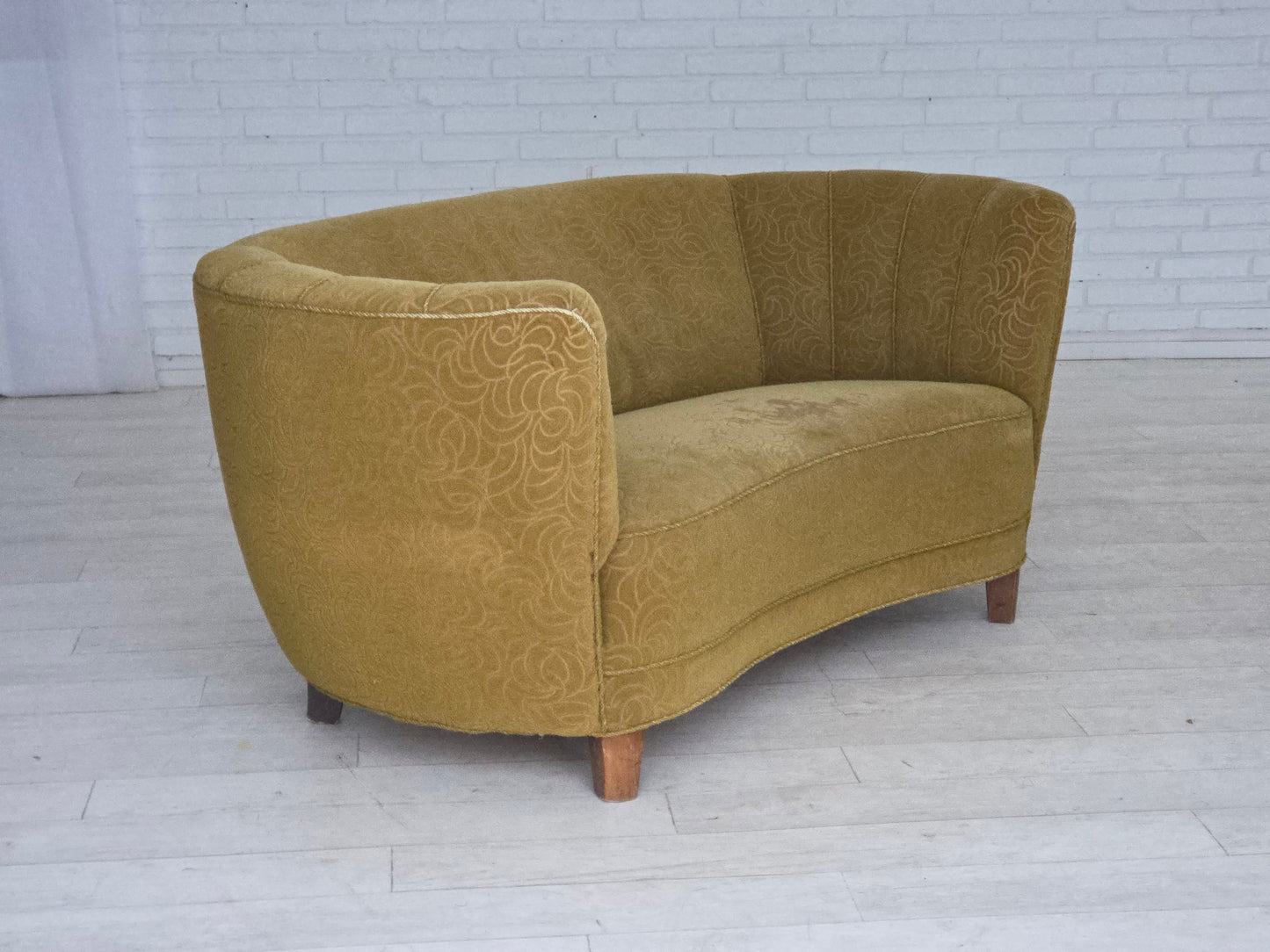 1960s, Danish 2-seater "Banana" sofa, furniture velour, beech wood.