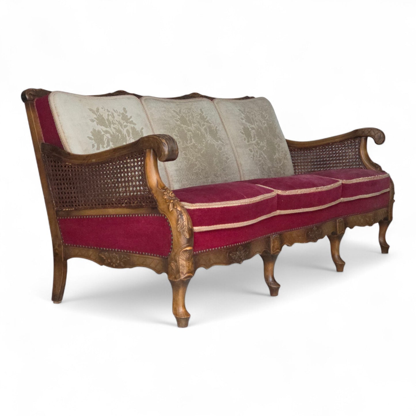 1930s, Danish 3-seater sofa, red furniture velour, furniture mesh.