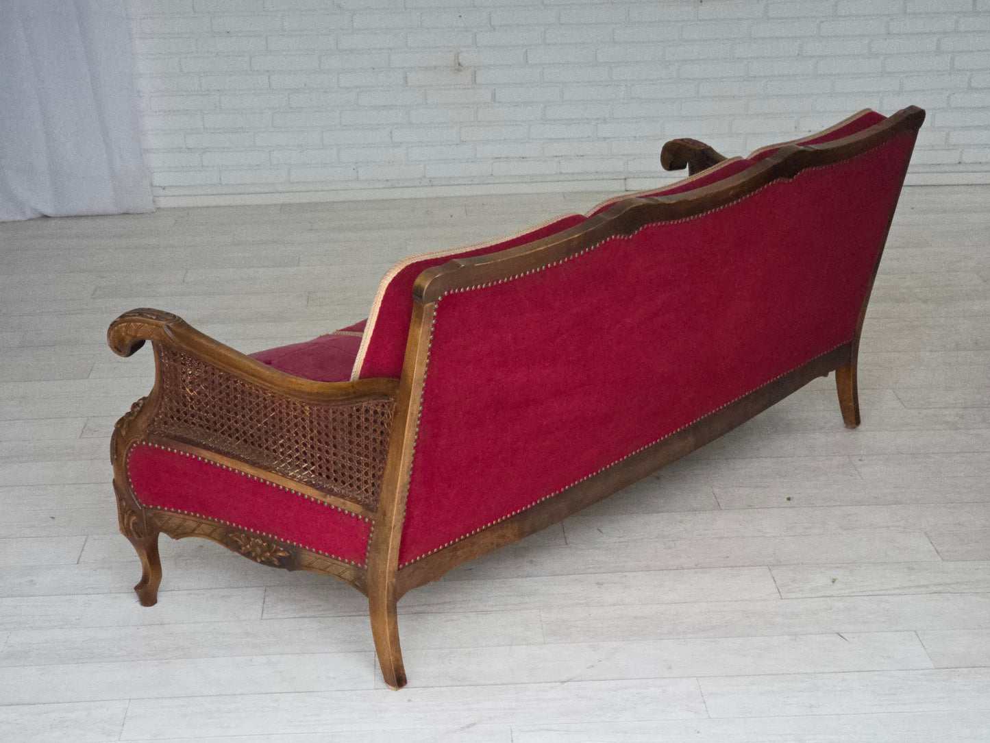 1930s, Danish 3-seater sofa, red furniture velour, furniture mesh.