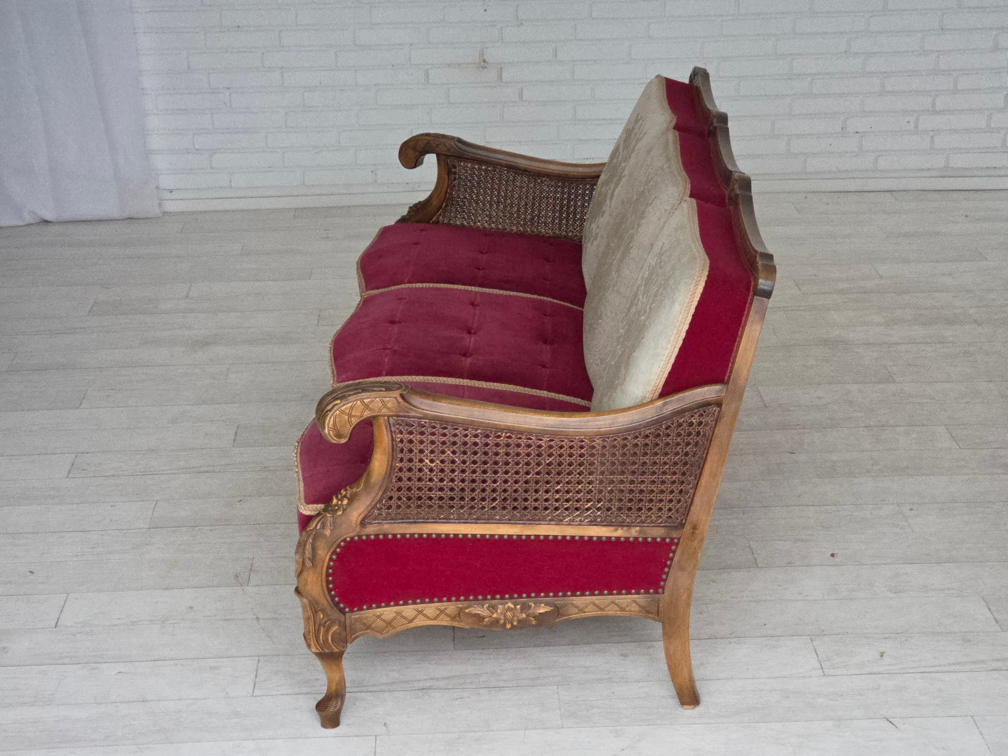 1930s, Danish 3-seater sofa, red furniture velour, furniture mesh.