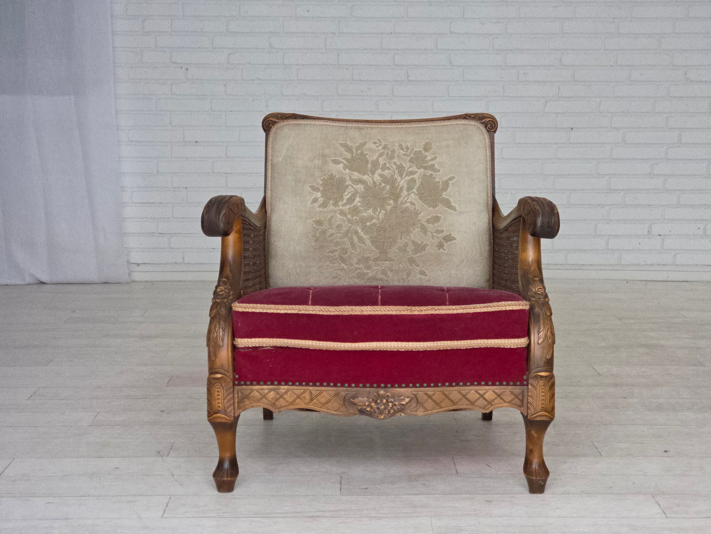 1930s, Danish armchair, furniture velour, ash wood.