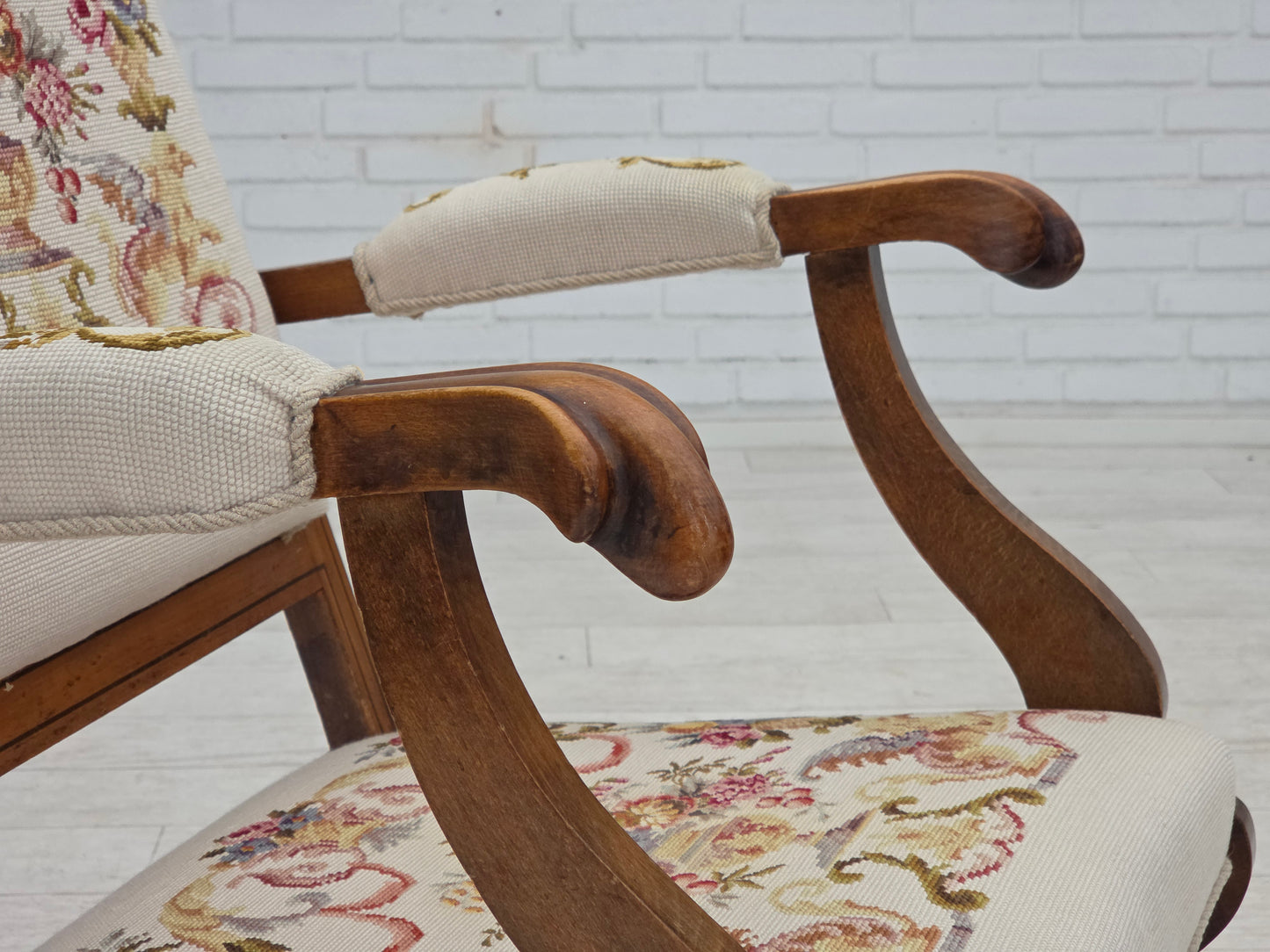 1930s, Danish highback rocking chair, original hand woven wool, ash wood.