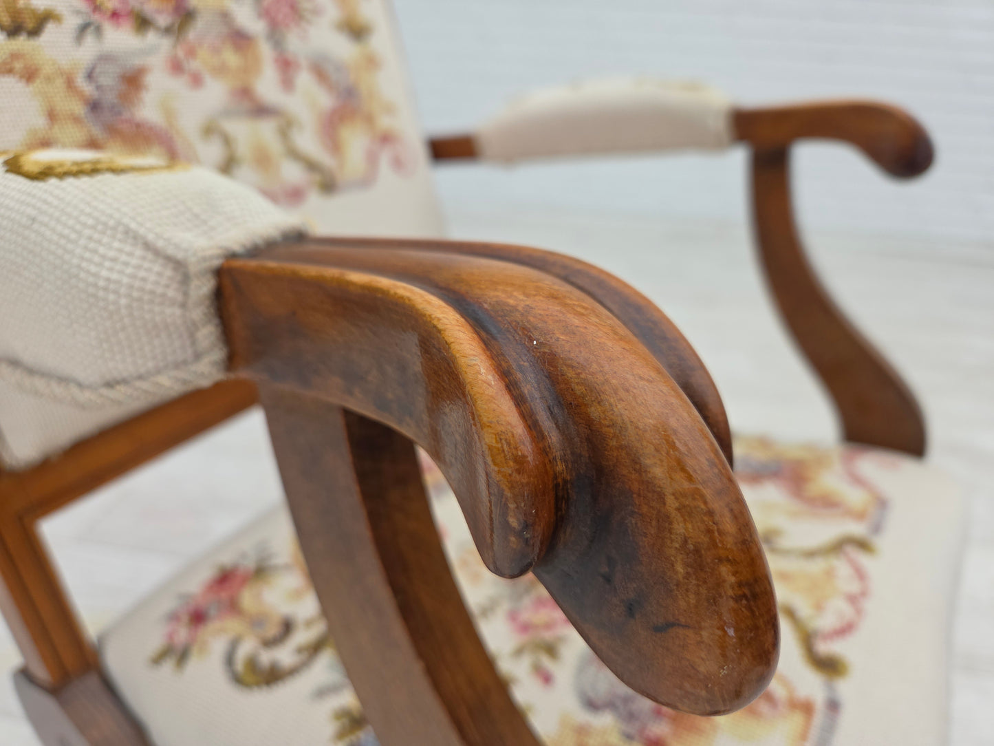 1930s, Danish highback rocking chair, original hand woven wool, ash wood.