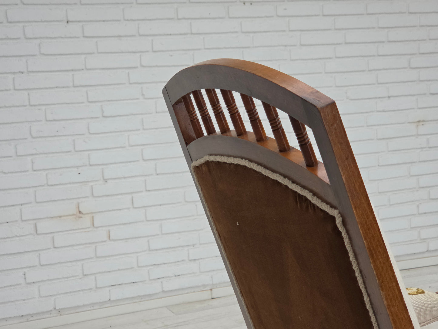 1930s, Danish highback rocking chair, original hand woven wool, ash wood.