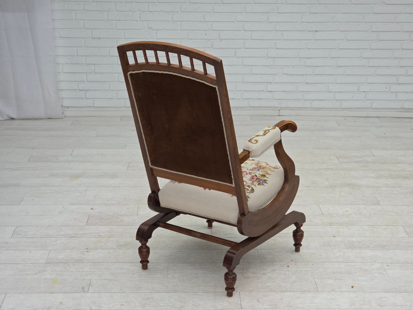1930s, Danish highback rocking chair, original hand woven wool, ash wood.