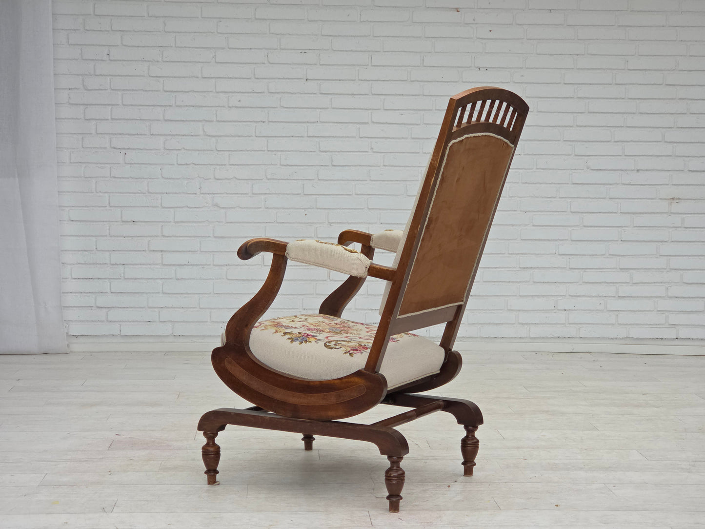 1930s, Danish highback rocking chair, original hand woven wool, ash wood.