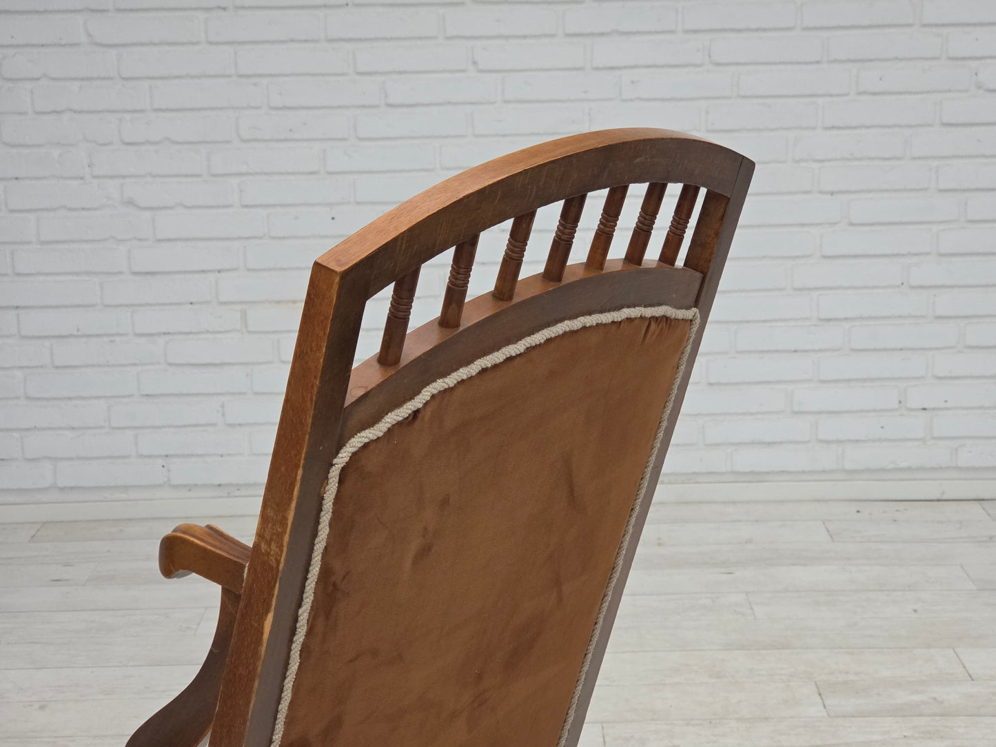 1930s, Danish highback rocking chair, original hand woven wool, ash wood.