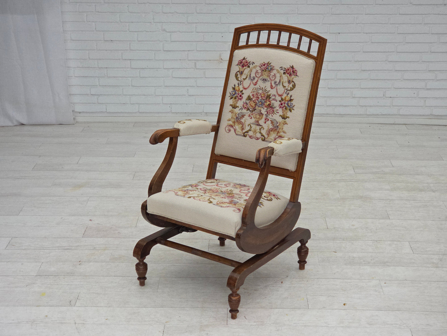 1930s, Danish highback rocking chair, original hand woven wool, ash wood.