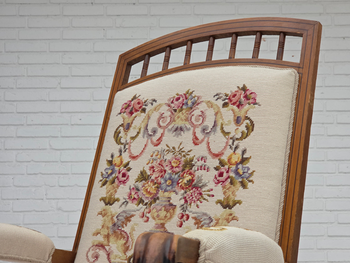 1930s, Danish highback rocking chair, original hand woven wool, ash wood.