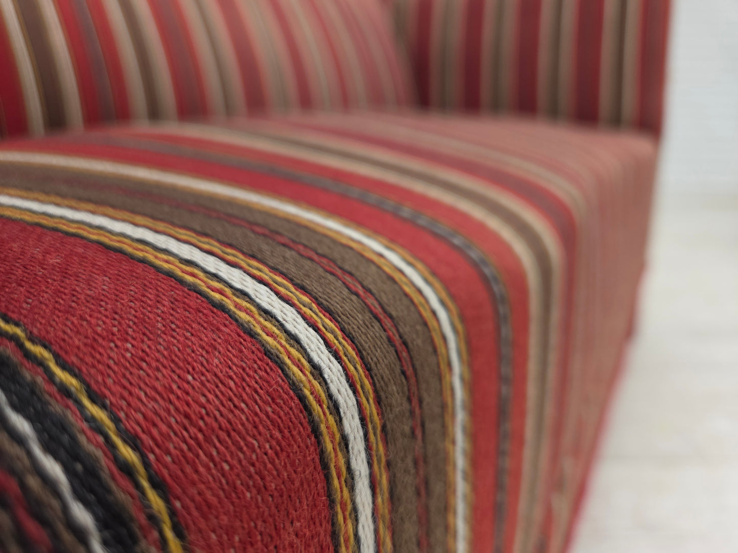 1960s, Danish 2-seater sofa, striped red/multicolor furniture wool.