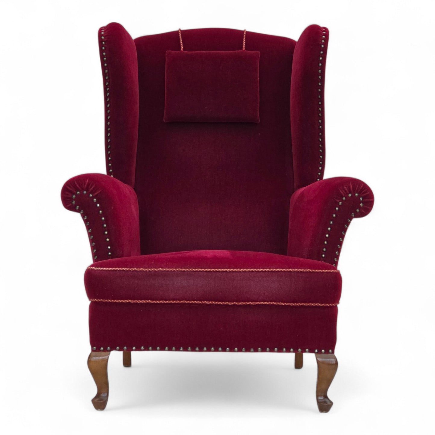 1960s, Danish highback wingback armchair, cherry-red furniture velour.