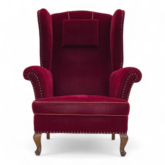 1960s, Danish highback wingback armchair, cherry-red furniture velour.