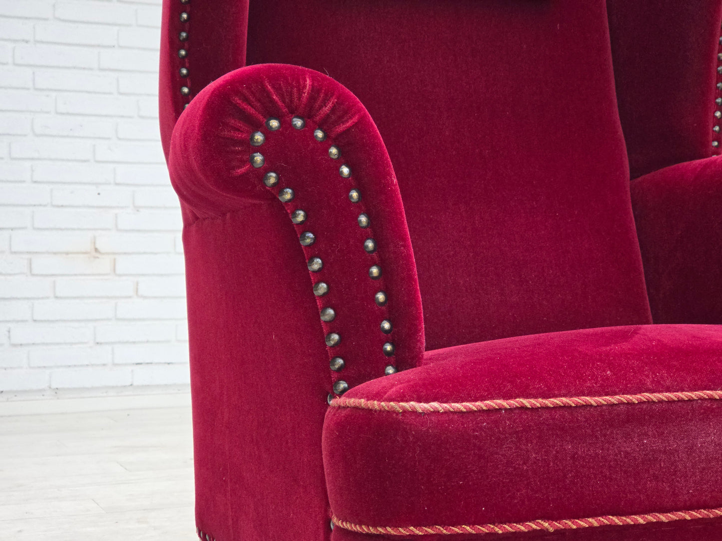1960s, Danish highback wingback armchair, cherry-red furniture velour.