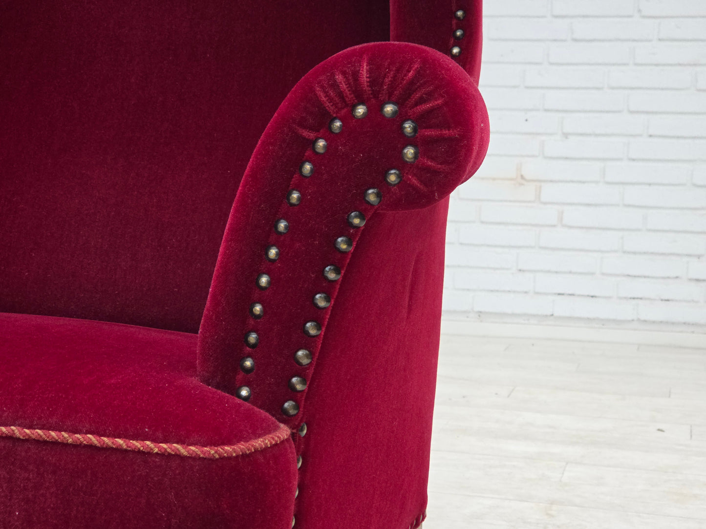 1960s, Danish highback wingback armchair, cherry-red furniture velour.