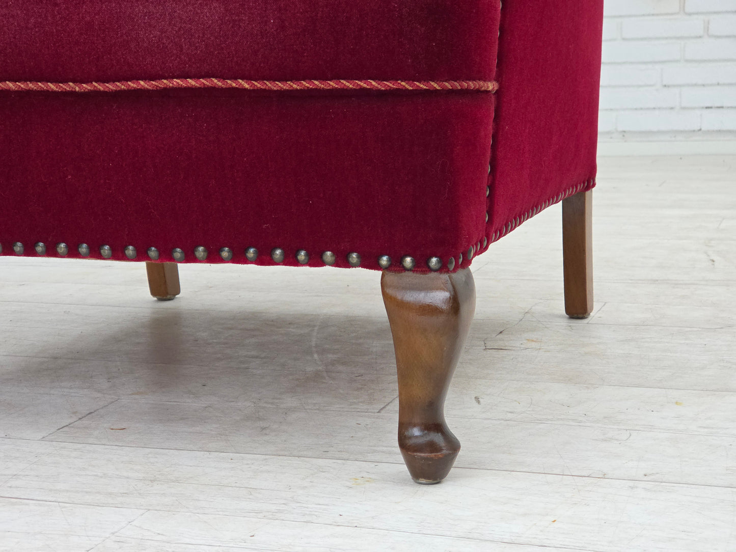 1960s, Danish highback wingback armchair, cherry-red furniture velour.