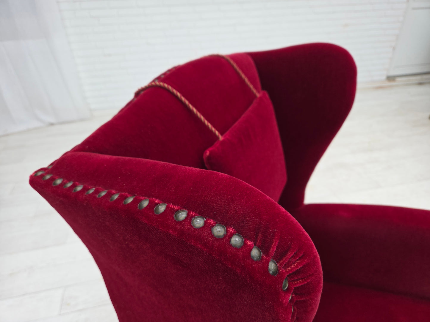 1960s, Danish highback wingback armchair, cherry-red furniture velour.
