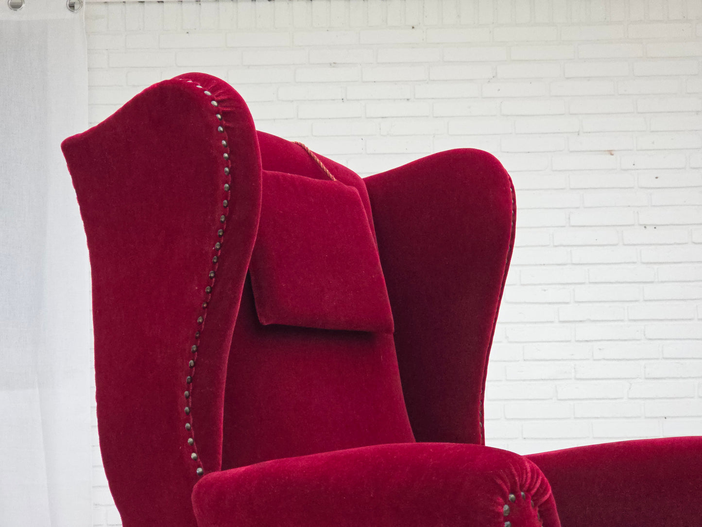 1960s, Danish highback wingback armchair, cherry-red furniture velour.