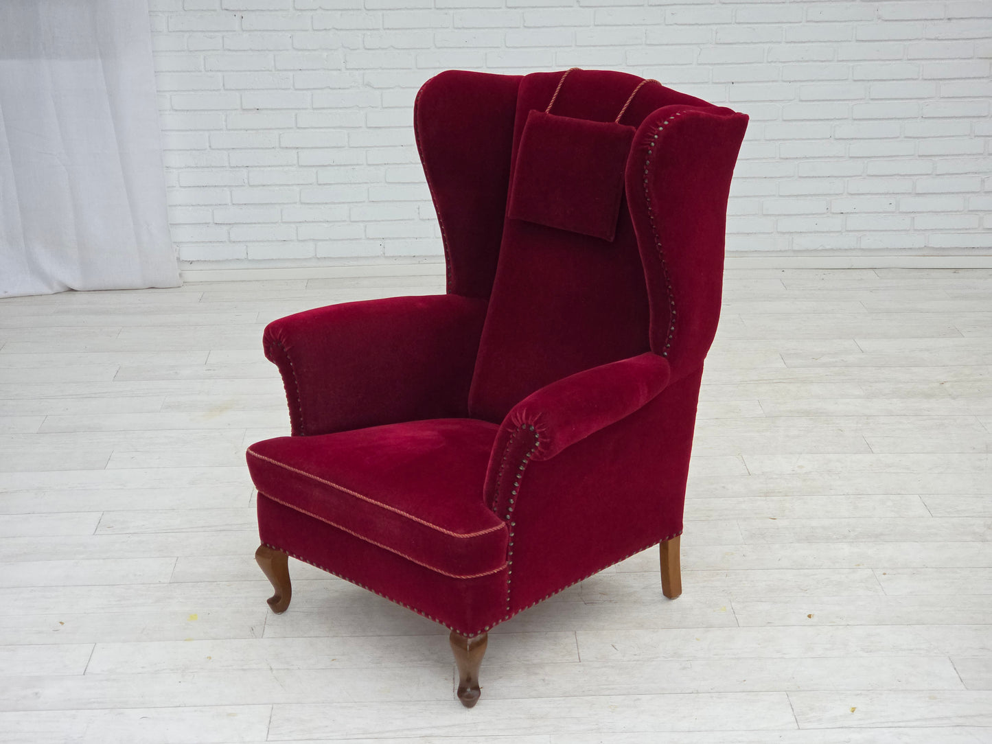 1960s, Danish highback wingback armchair, cherry-red furniture velour.