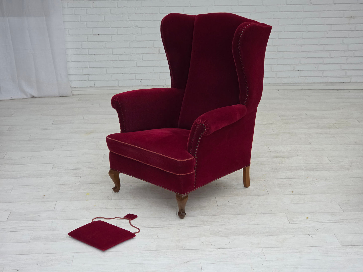 1960s, Danish highback wingback armchair, cherry-red furniture velour.
