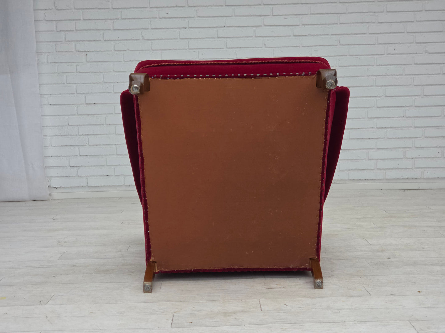 1960s, Danish highback wingback armchair, cherry-red furniture velour.