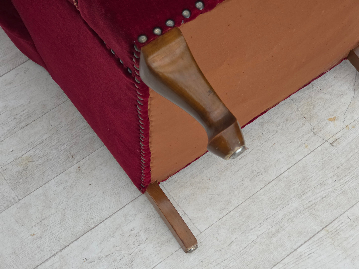 1960s, Danish highback wingback armchair, cherry-red furniture velour.