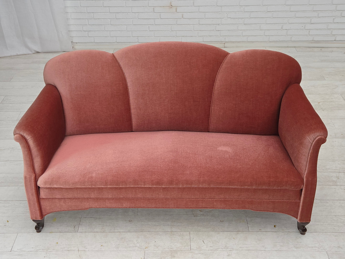 1950s, Danish 2-seater sofa, salmon pink furniture velour, oak wood legs.