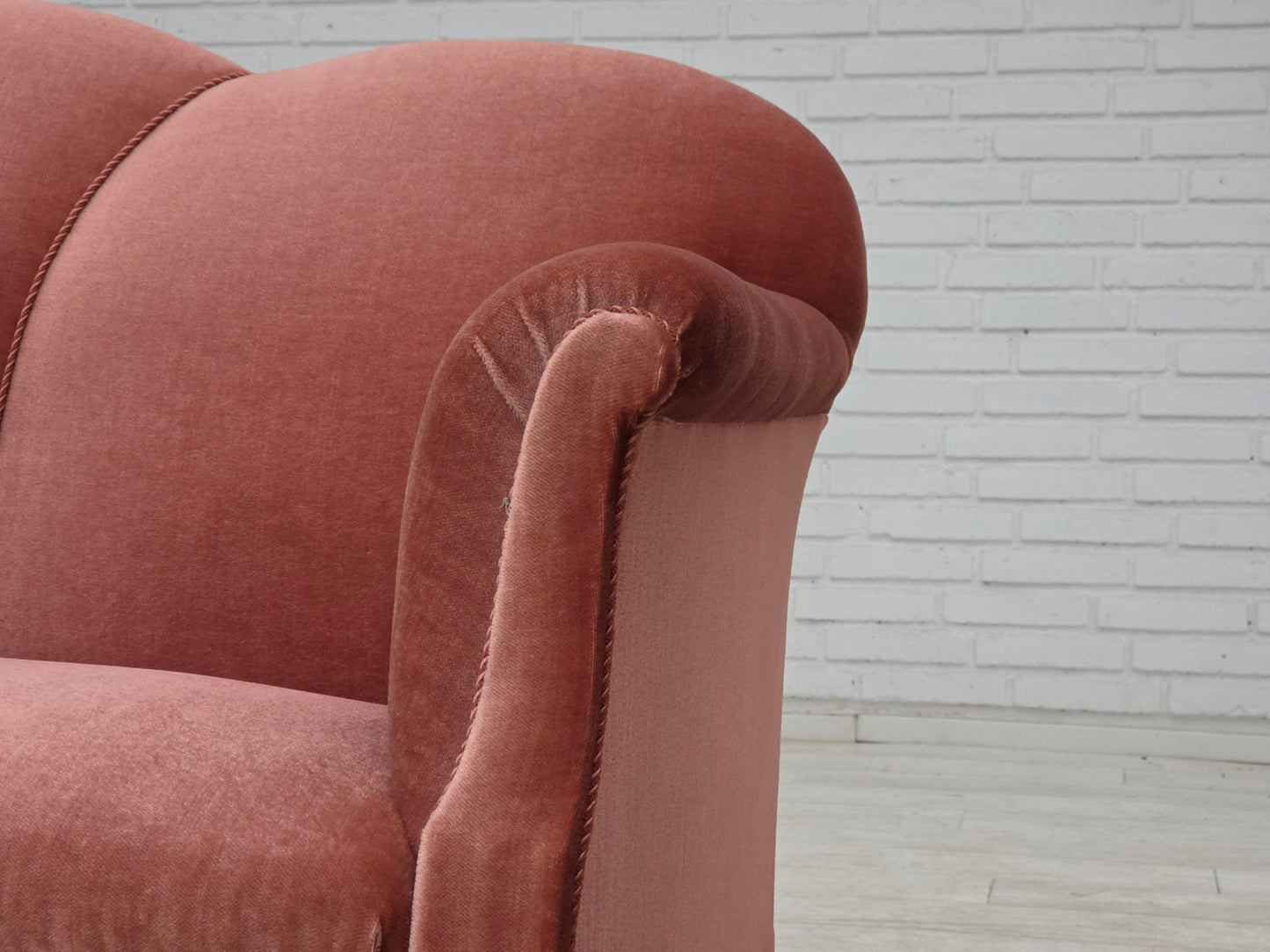 1950s, Danish 2-seater sofa, salmon pink furniture velour, oak wood legs.