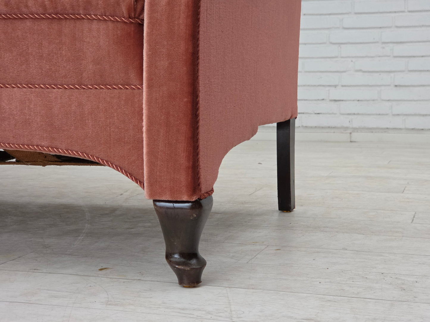 1950s, Danish 2-seater sofa, salmon pink furniture velour, oak wood legs.