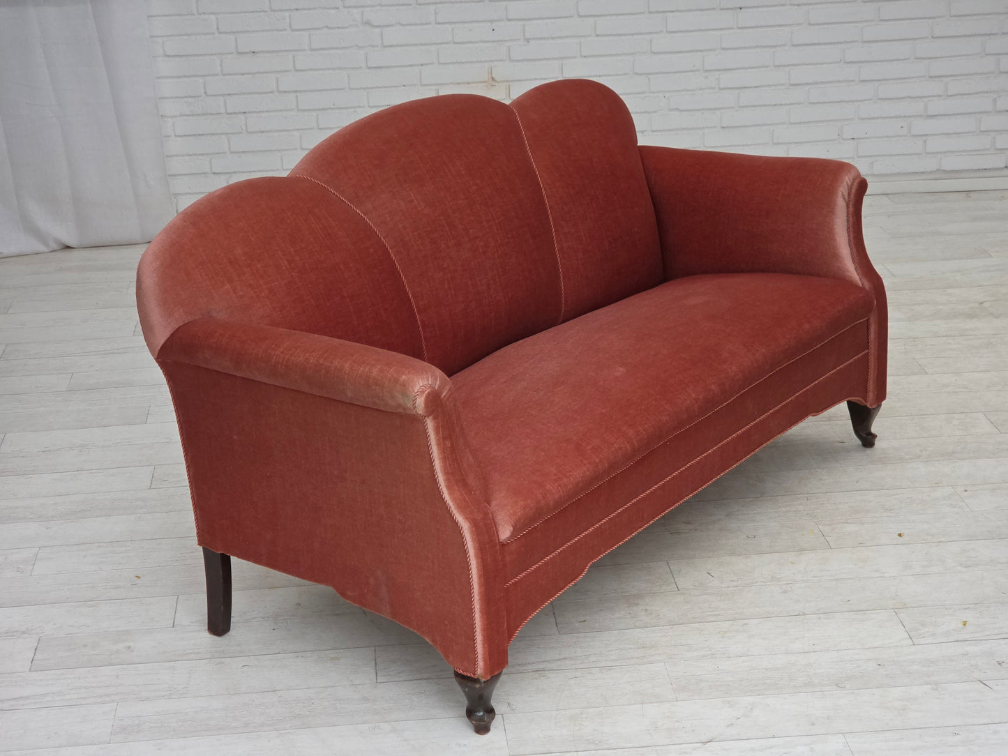 1950s, Danish 2-seater sofa, salmon pink furniture velour, oak wood legs.
