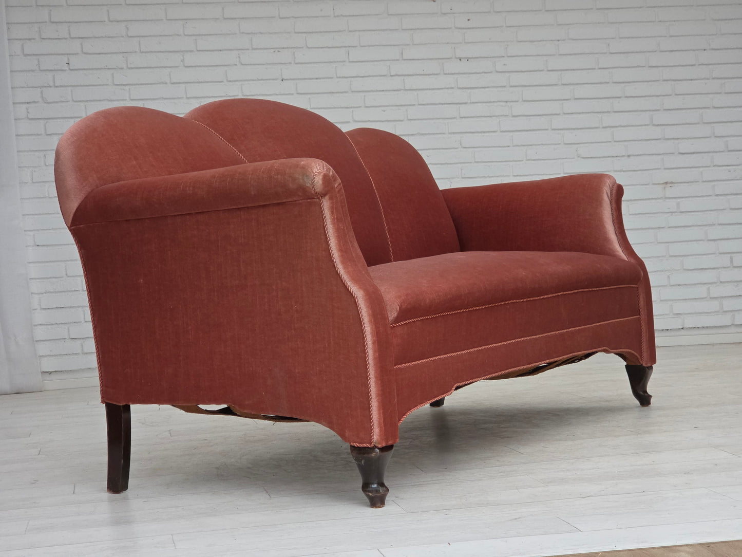 1950s, Danish 2-seater sofa, salmon pink furniture velour, oak wood legs.
