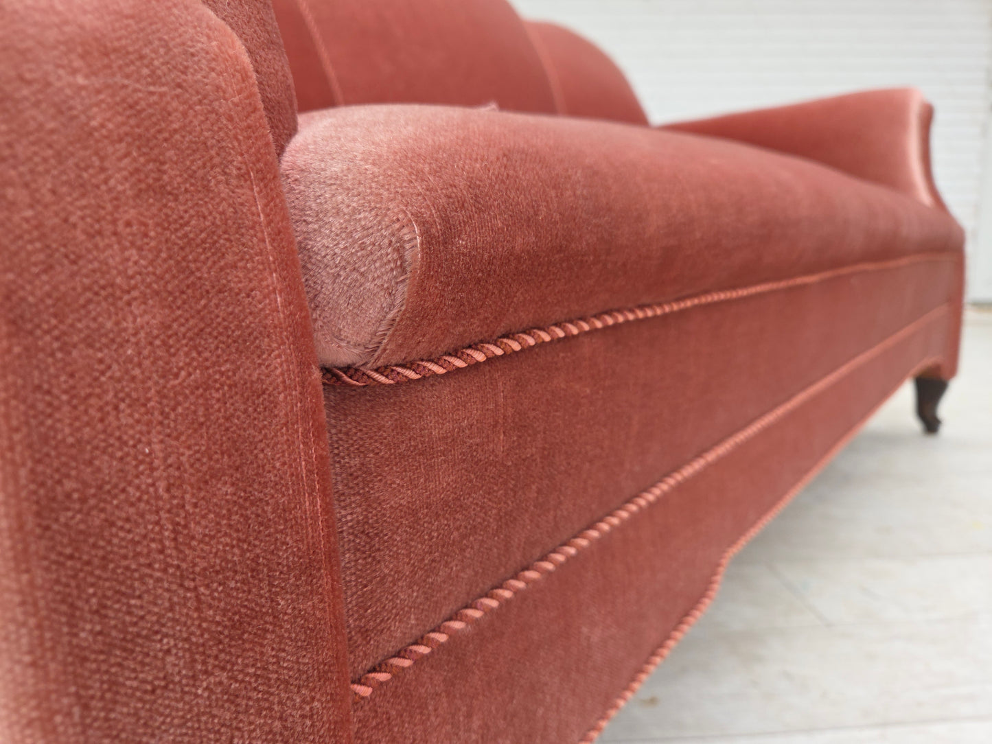 1950s, Danish 2-seater sofa, salmon pink furniture velour, oak wood legs.
