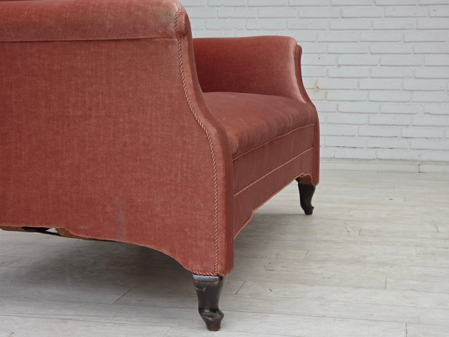 1950s, Danish 2-seater sofa, salmon pink furniture velour, oak wood legs.
