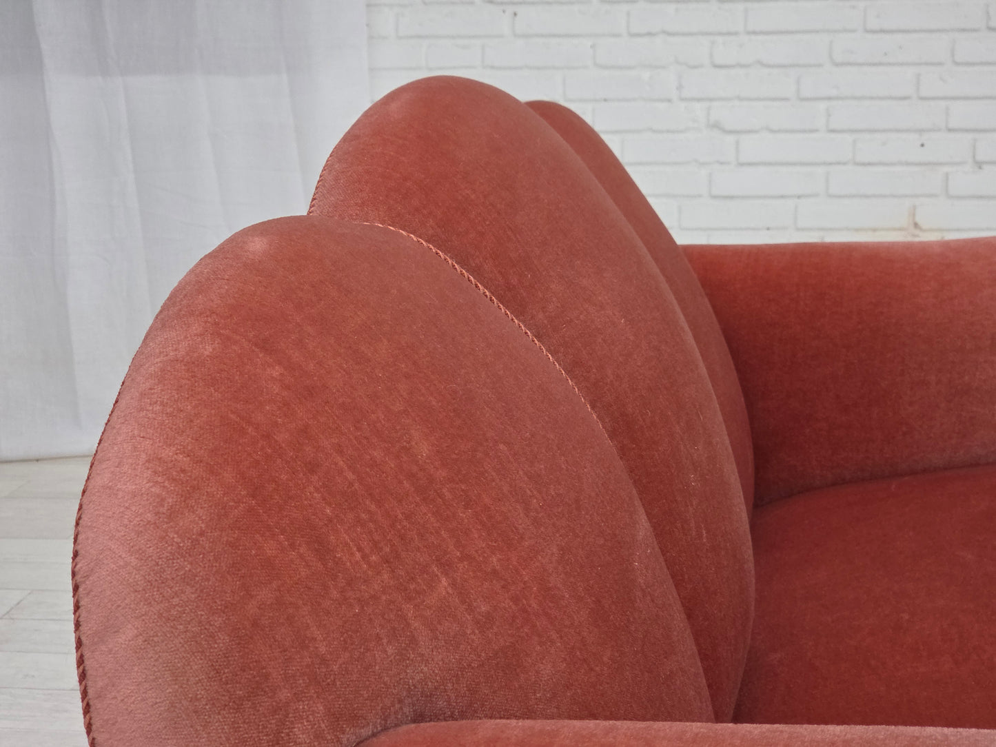 1950s, Danish 2-seater sofa, salmon pink furniture velour, oak wood legs.