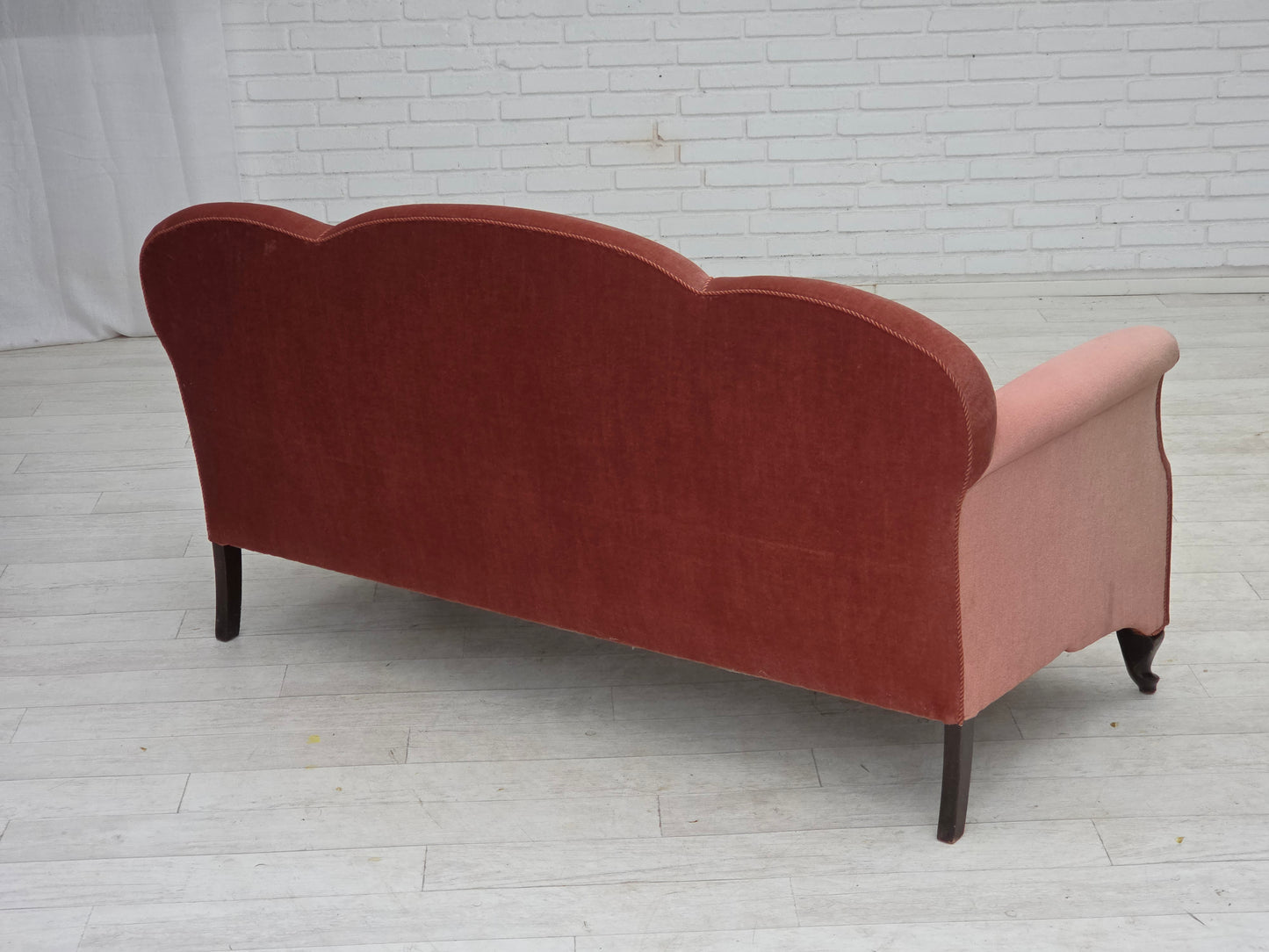 1950s, Danish 2-seater sofa, salmon pink furniture velour, oak wood legs.