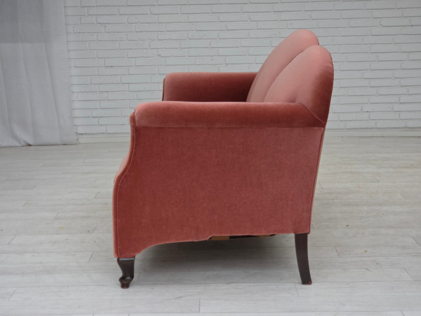 1950s, Danish 2-seater sofa, salmon pink furniture velour, oak wood legs.