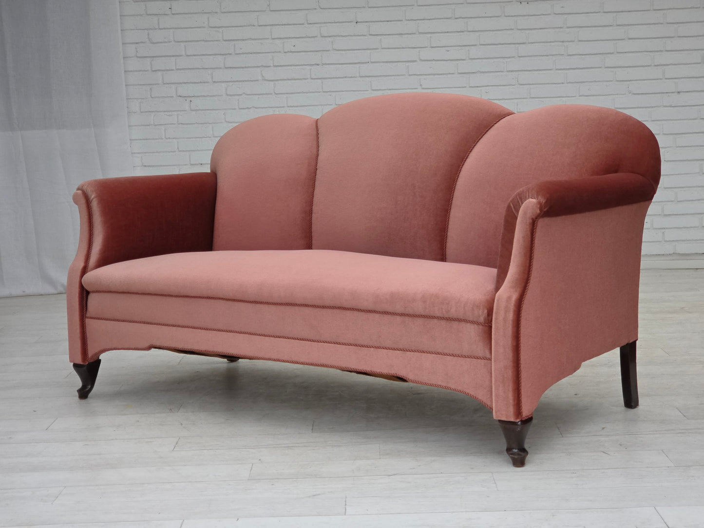 1950s, Danish 2-seater sofa, salmon pink furniture velour, oak wood legs.