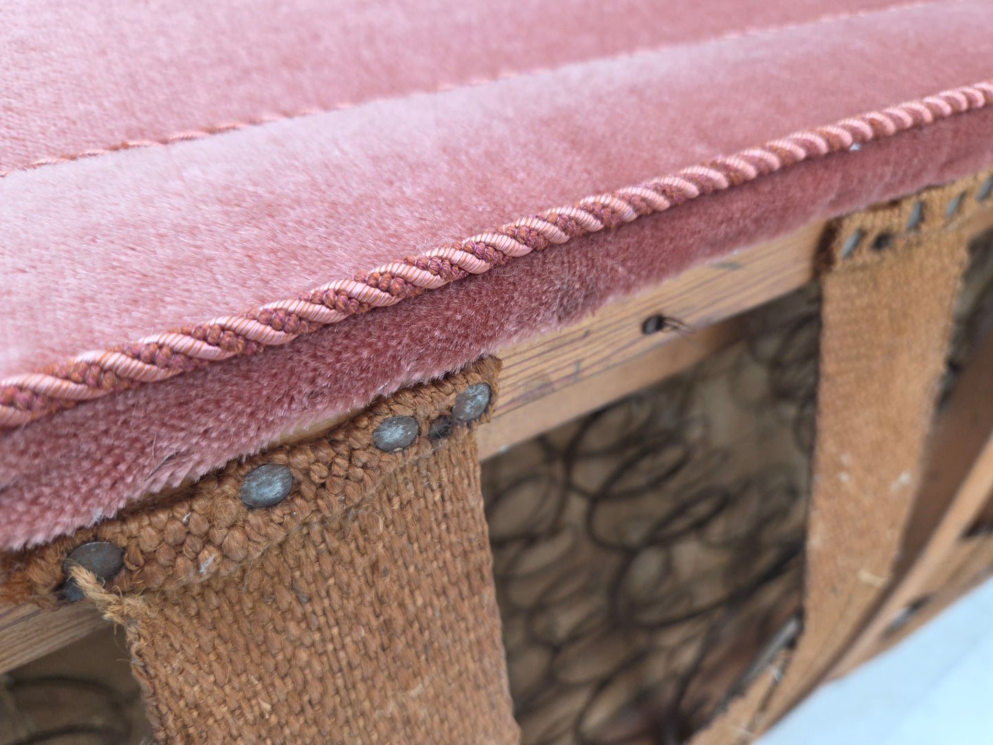 1950s, Danish 2-seater sofa, salmon pink furniture velour, oak wood legs.