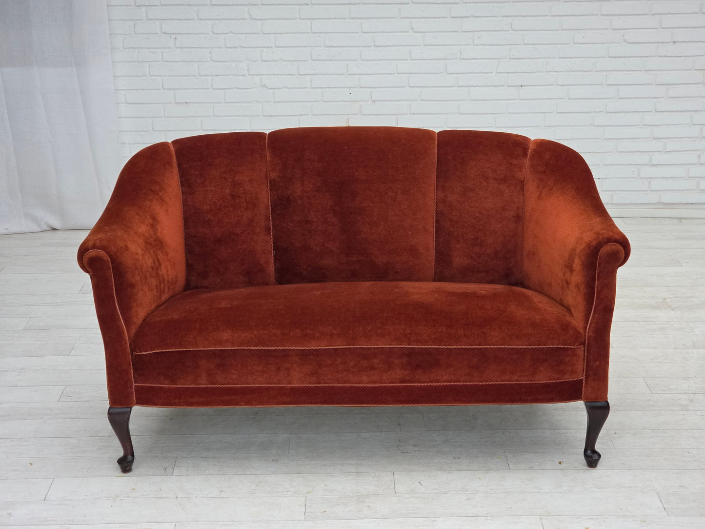 1950s, Danish 2-seater sofa, furniture velour, oak wood legs.
