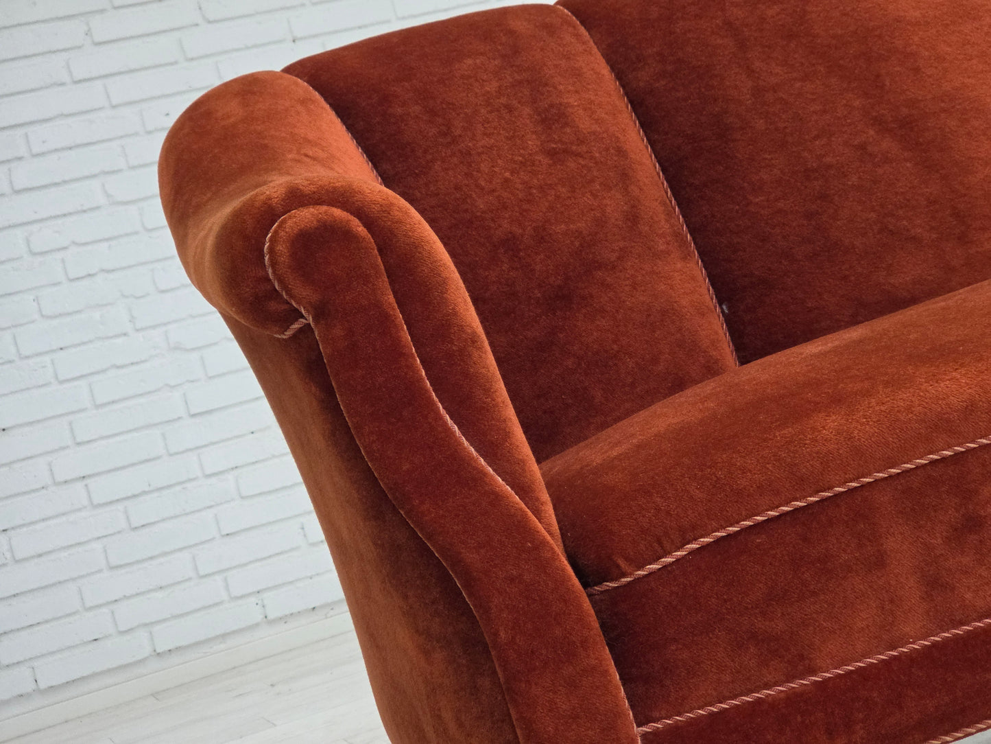 1950s, Danish 2-seater sofa, furniture velour, oak wood legs.