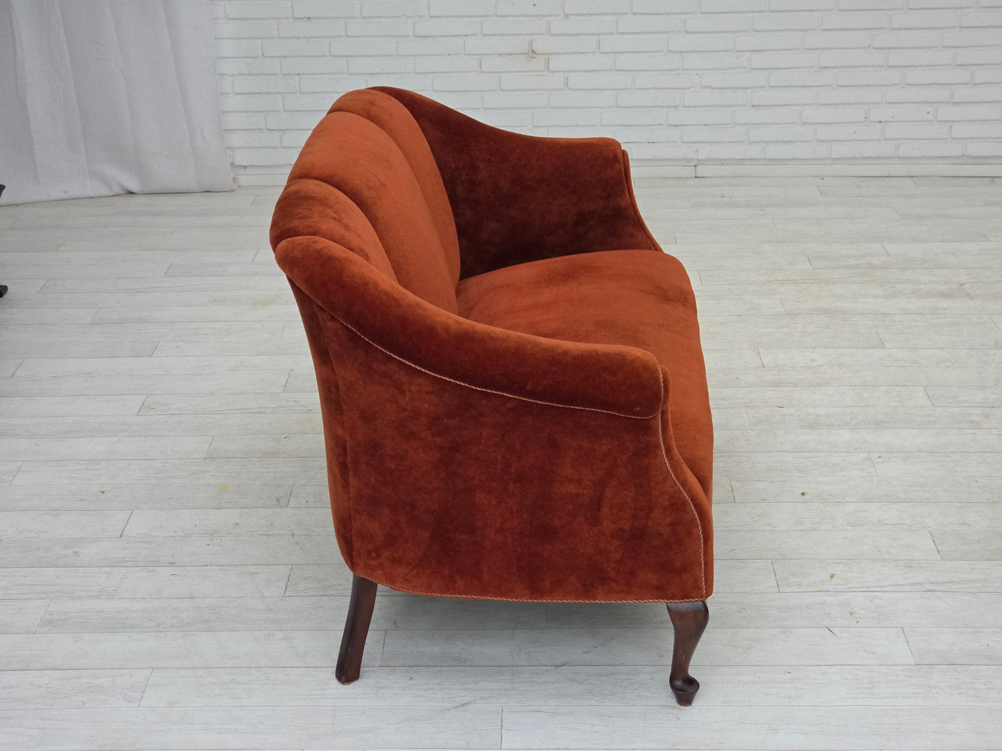 1950s, Danish 2-seater sofa, furniture velour, oak wood legs.