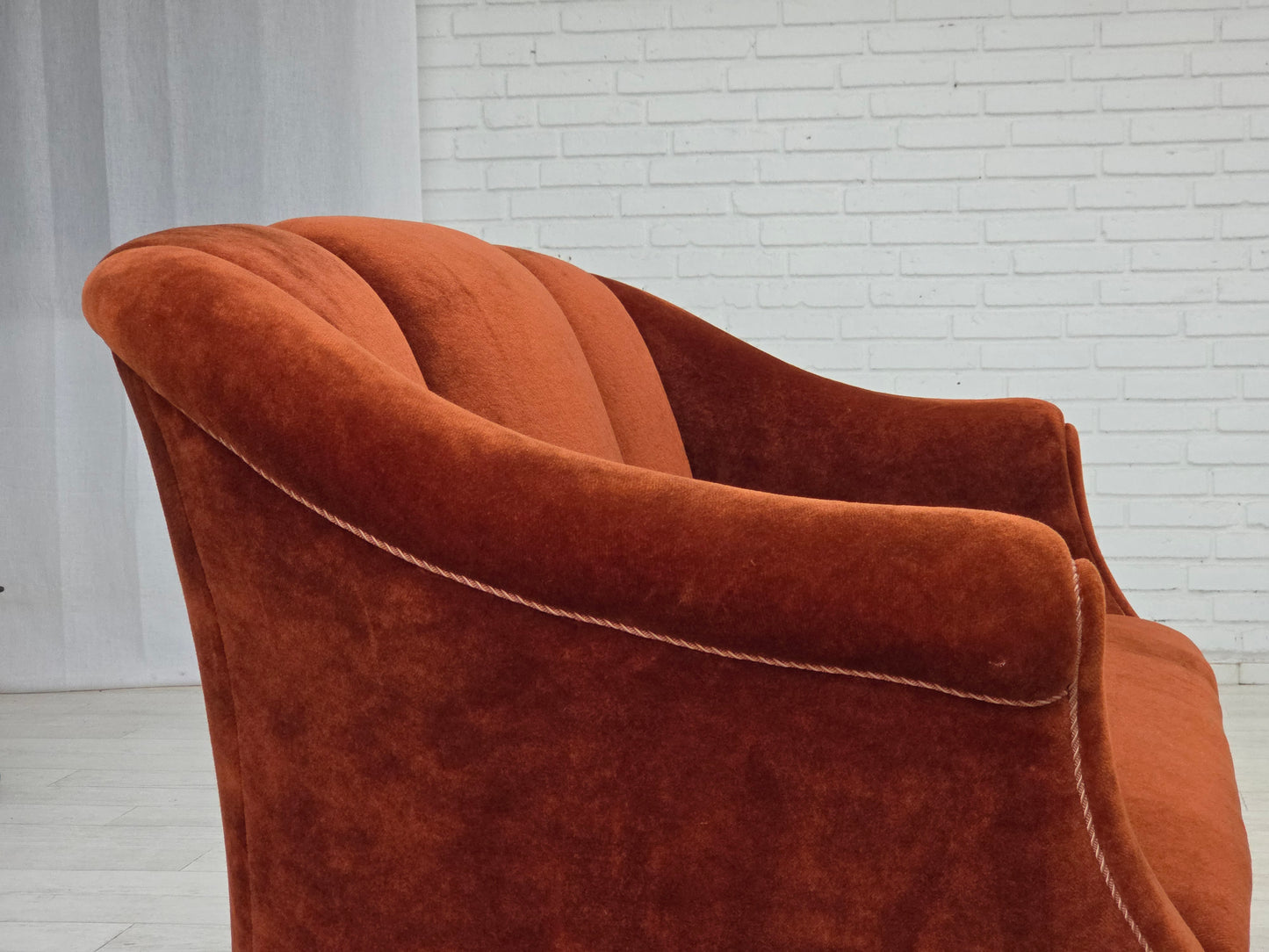 1950s, Danish 2-seater sofa, furniture velour, oak wood legs.