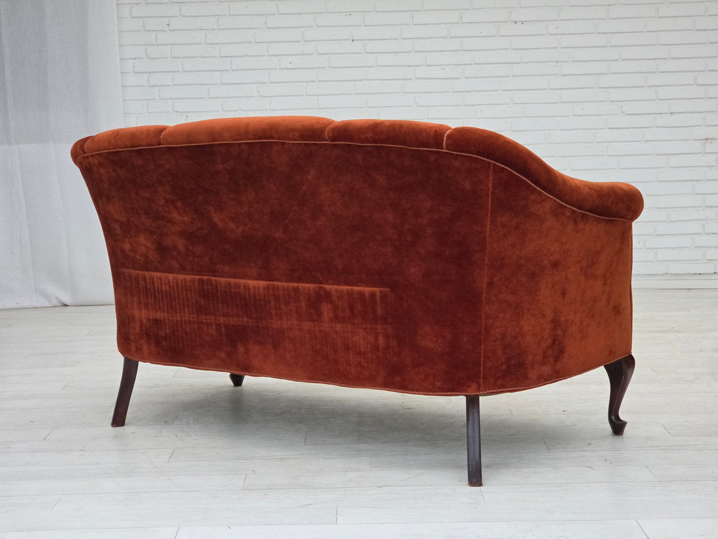 1950s, Danish 2-seater sofa, furniture velour, oak wood legs.