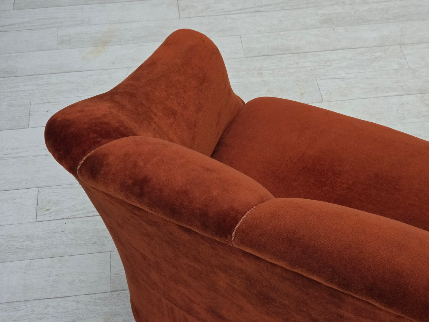 1950s, Danish 2-seater sofa, furniture velour, oak wood legs.