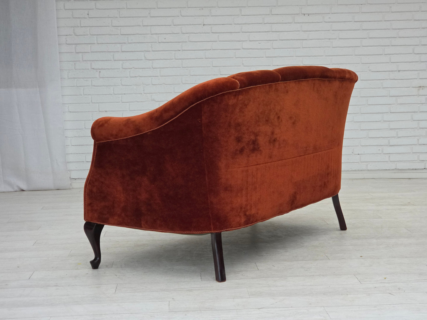 1950s, Danish 2-seater sofa, furniture velour, oak wood legs.