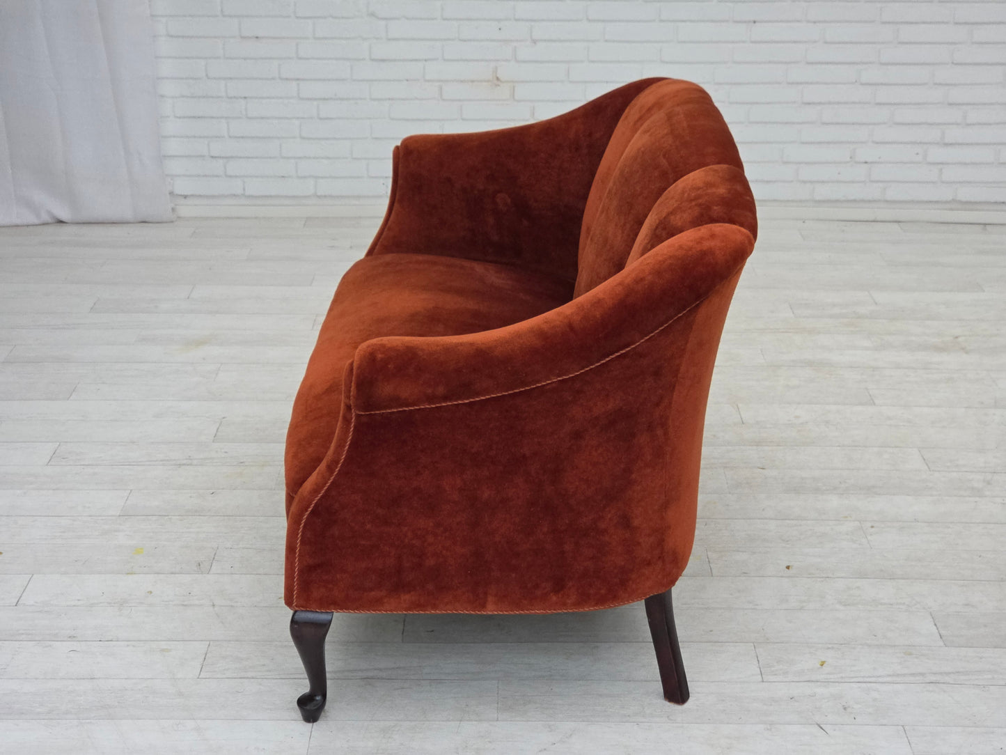 1950s, Danish 2-seater sofa, furniture velour, oak wood legs.