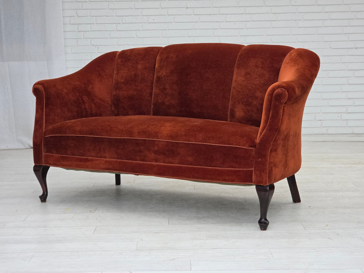 1950s, Danish 2-seater sofa, furniture velour, oak wood legs.