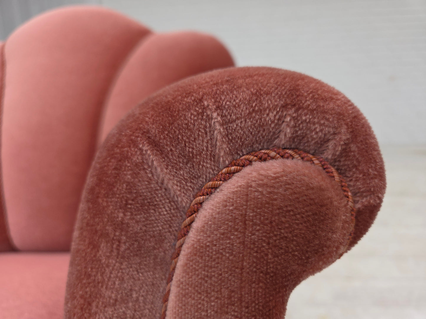 1950s, Danish armchair, salmon pink furniture velour, oak wood.